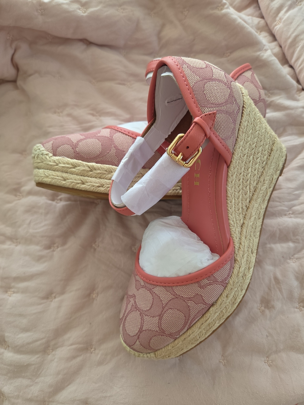 Coach Pink Signature Canvas Espadrille Wedge Sandals